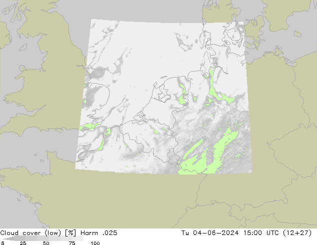 Cloud cover (low) Harm .025 Tu 04.06.2024 15 UTC