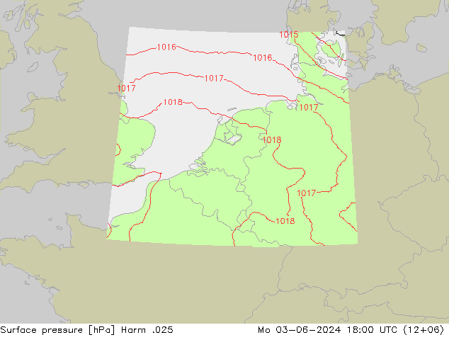 地面气压 Harm .025 星期一 03.06.2024 18 UTC