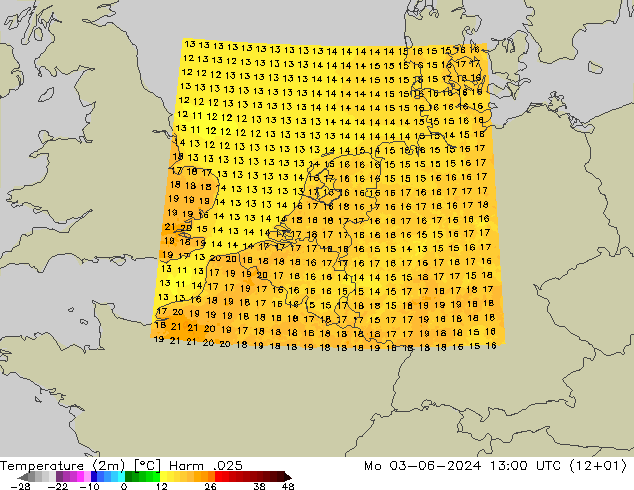 mapa temperatury (2m) Harm .025 pon. 03.06.2024 13 UTC