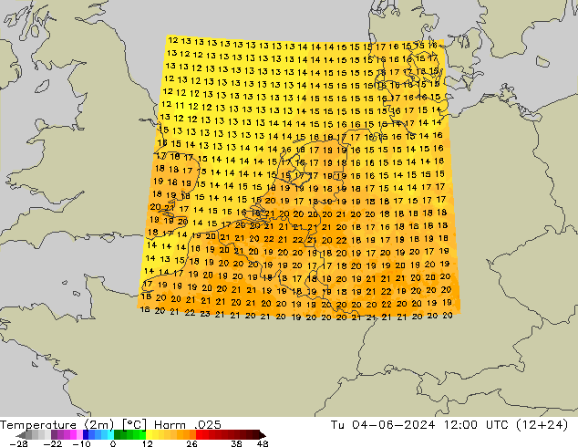 Temperature (2m) Harm .025 Út 04.06.2024 12 UTC