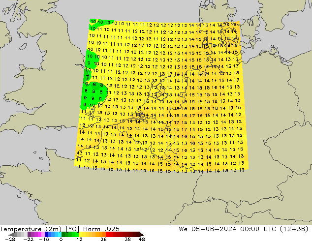 Temperaturkarte (2m) Harm .025 Mi 05.06.2024 00 UTC