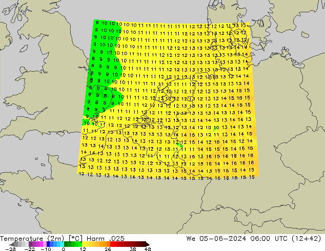 Temperatura (2m) Harm .025 mer 05.06.2024 06 UTC