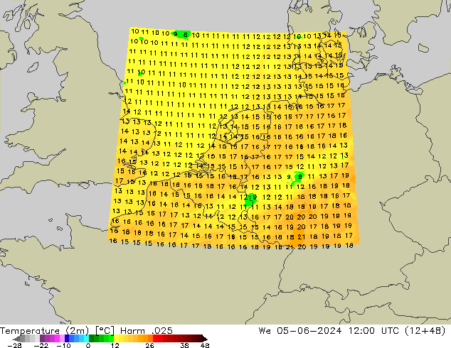 Temperaturkarte (2m) Harm .025 Mi 05.06.2024 12 UTC