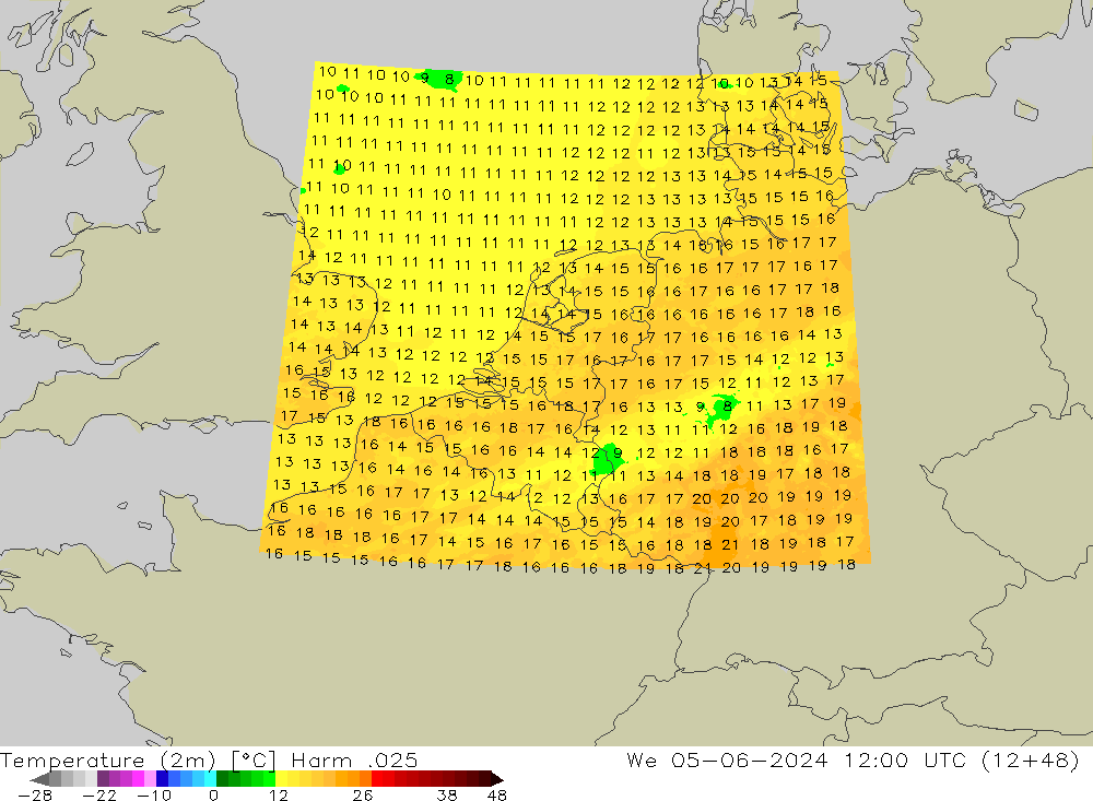 Temperature (2m) Harm .025 St 05.06.2024 12 UTC