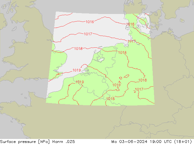 地面气压 Harm .025 星期一 03.06.2024 19 UTC