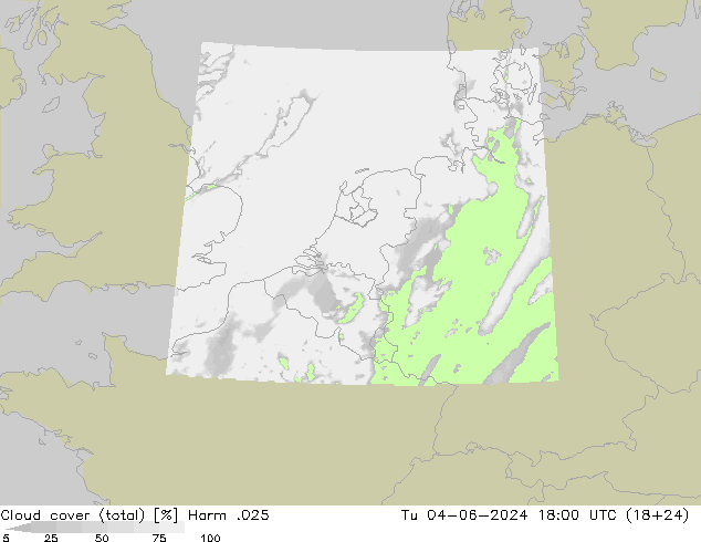 Bewolking (Totaal) Harm .025 di 04.06.2024 18 UTC