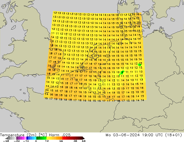 Temperaturkarte (2m) Harm .025 Mo 03.06.2024 19 UTC