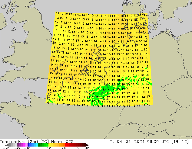 Temperature (2m) Harm .025 Tu 04.06.2024 06 UTC