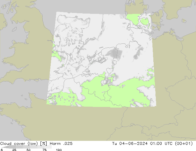 Cloud cover (low) Harm .025 Tu 04.06.2024 01 UTC