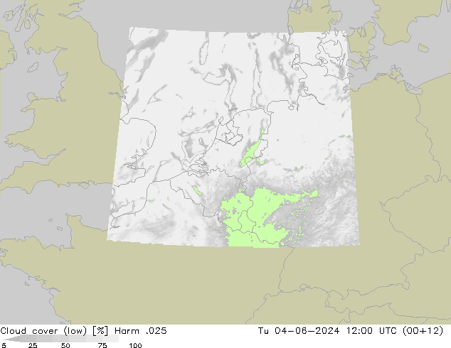 Cloud cover (low) Harm .025 Tu 04.06.2024 12 UTC