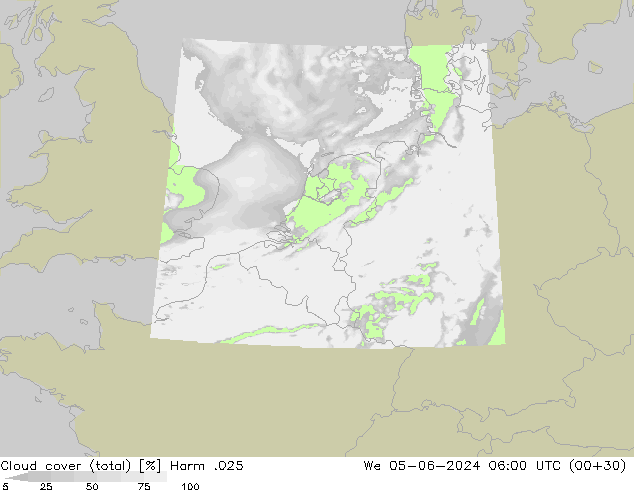 Cloud cover (total) Harm .025 We 05.06.2024 06 UTC