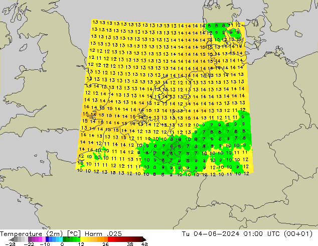mapa temperatury (2m) Harm .025 wto. 04.06.2024 01 UTC