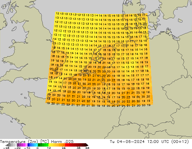 Temperature (2m) Harm .025 Tu 04.06.2024 12 UTC