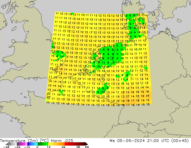 Temperatura (2m) Harm .025 mer 05.06.2024 21 UTC