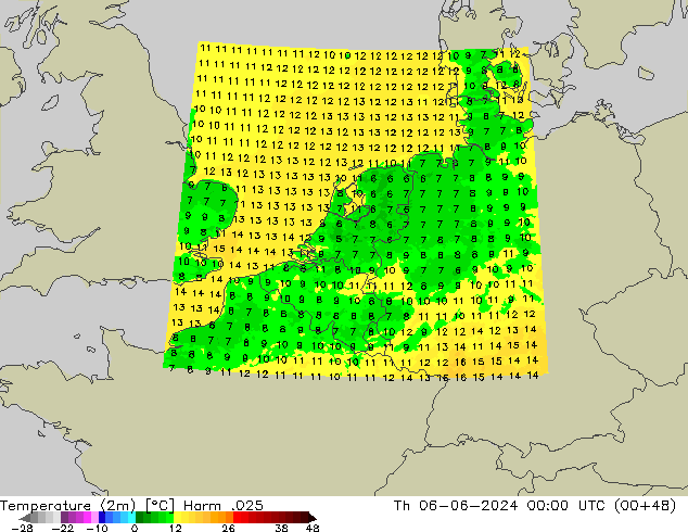 mapa temperatury (2m) Harm .025 czw. 06.06.2024 00 UTC