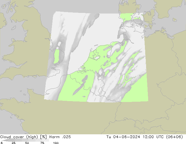 Cloud cover (high) Harm .025 Tu 04.06.2024 12 UTC