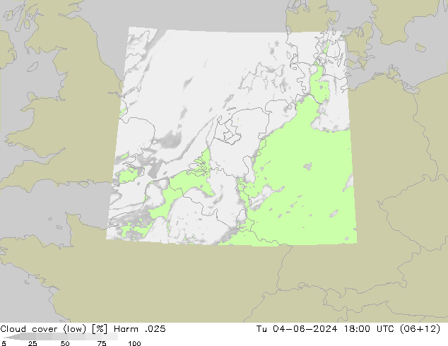 Cloud cover (low) Harm .025 Tu 04.06.2024 18 UTC