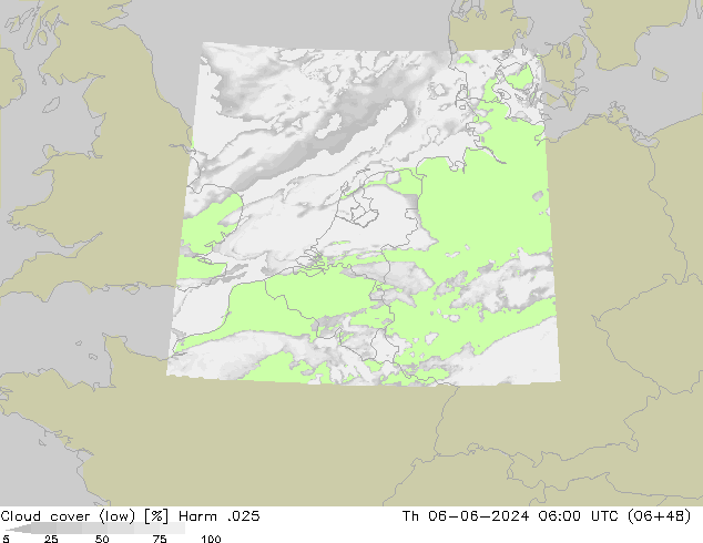 Cloud cover (low) Harm .025 Th 06.06.2024 06 UTC