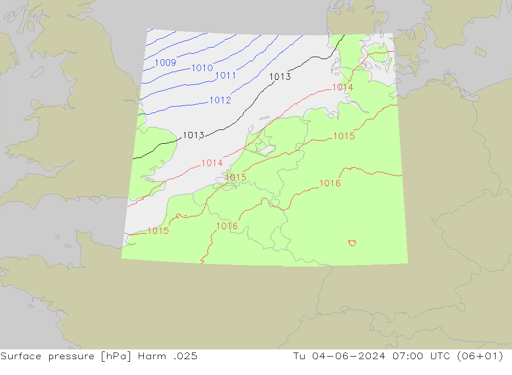 地面气压 Harm .025 星期二 04.06.2024 07 UTC
