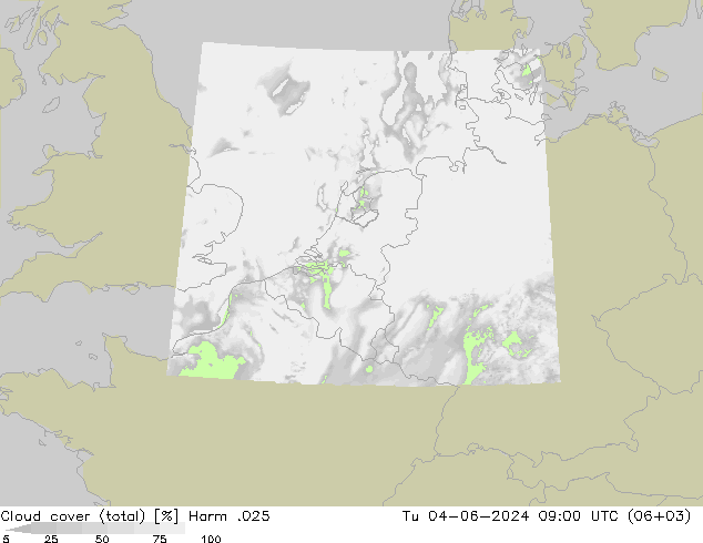 Cloud cover (total) Harm .025 Út 04.06.2024 09 UTC