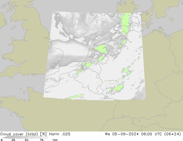 Cloud cover (total) Harm .025 We 05.06.2024 06 UTC