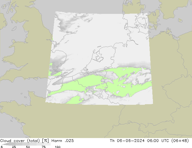 Cloud cover (total) Harm .025 Čt 06.06.2024 06 UTC