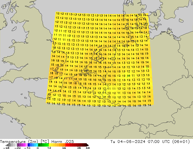 Temperatuurkaart (2m) Harm .025 di 04.06.2024 07 UTC