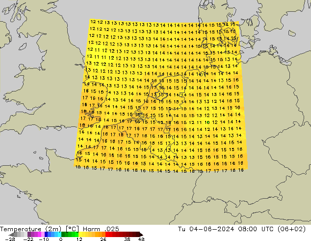 Temperature (2m) Harm .025 Tu 04.06.2024 08 UTC