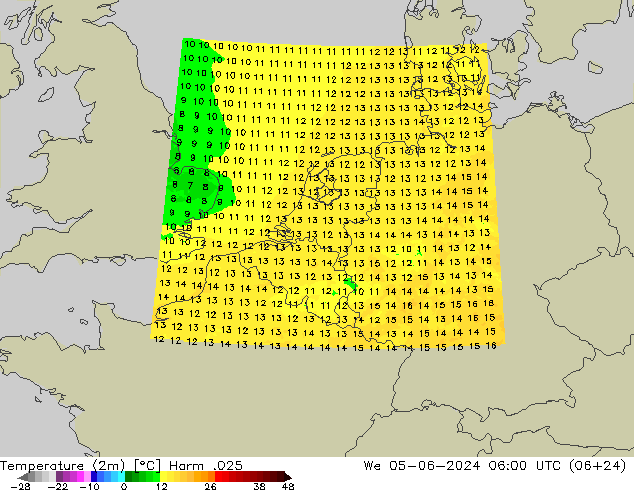 Temperature (2m) Harm .025 We 05.06.2024 06 UTC