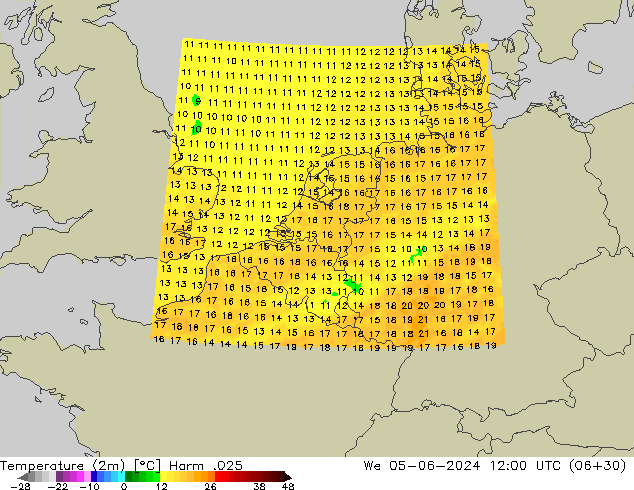 mapa temperatury (2m) Harm .025 śro. 05.06.2024 12 UTC