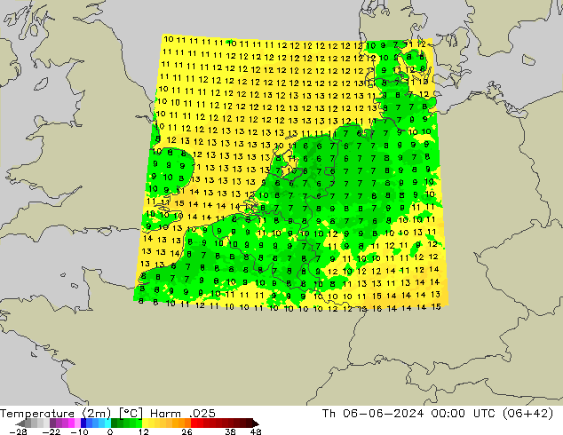 Temperatura (2m) Harm .025 gio 06.06.2024 00 UTC