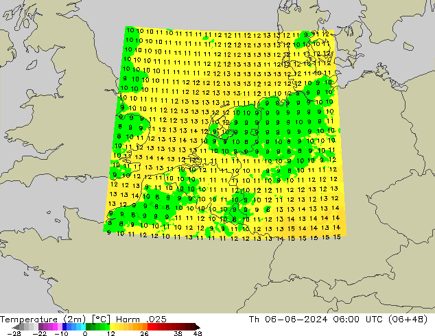 mapa temperatury (2m) Harm .025 czw. 06.06.2024 06 UTC