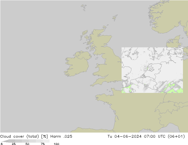Cloud cover (total) Harm .025 Tu 04.06.2024 07 UTC