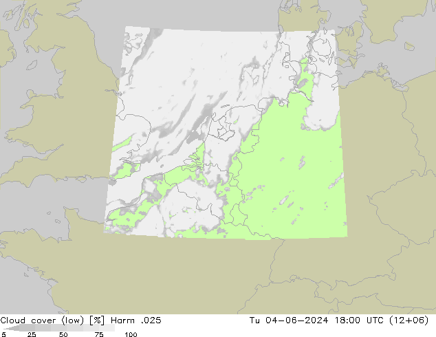 Cloud cover (low) Harm .025 Tu 04.06.2024 18 UTC