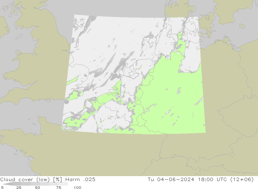 Cloud cover (low) Harm .025 Tu 04.06.2024 18 UTC