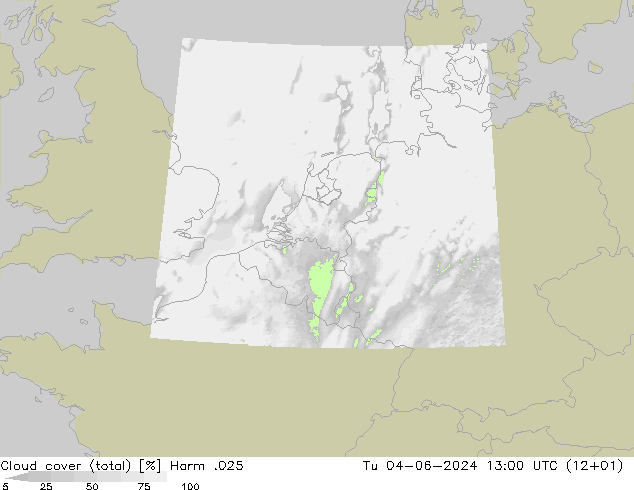 Cloud cover (total) Harm .025 Tu 04.06.2024 13 UTC