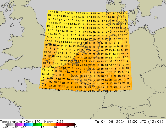 mapa temperatury (2m) Harm .025 wto. 04.06.2024 13 UTC