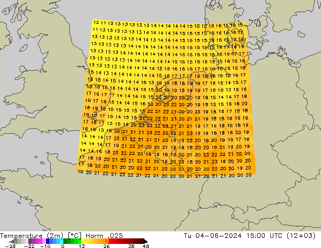 mapa temperatury (2m) Harm .025 wto. 04.06.2024 15 UTC