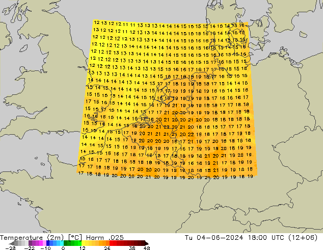 mapa temperatury (2m) Harm .025 wto. 04.06.2024 18 UTC