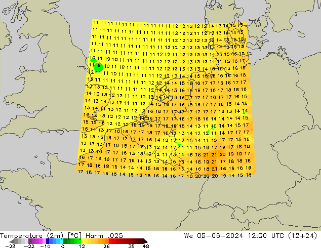 Temperaturkarte (2m) Harm .025 Mi 05.06.2024 12 UTC