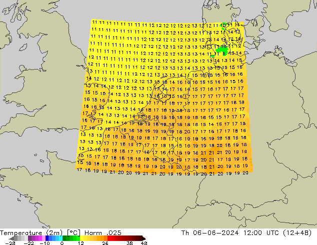 Temperatuurkaart (2m) Harm .025 do 06.06.2024 12 UTC