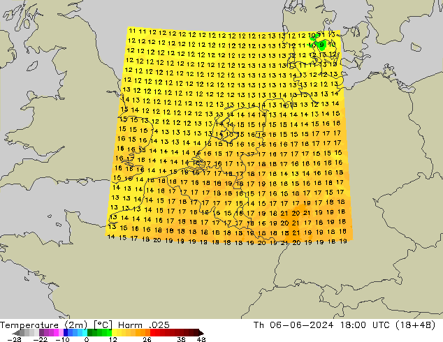 Temperatuurkaart (2m) Harm .025 do 06.06.2024 18 UTC