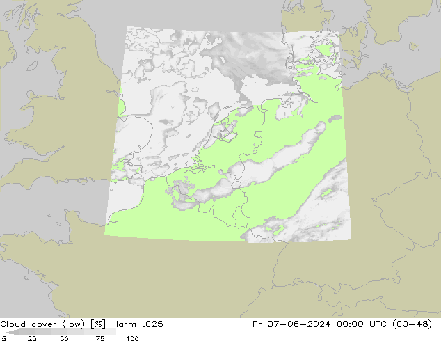 Cloud cover (low) Harm .025 Fr 07.06.2024 00 UTC