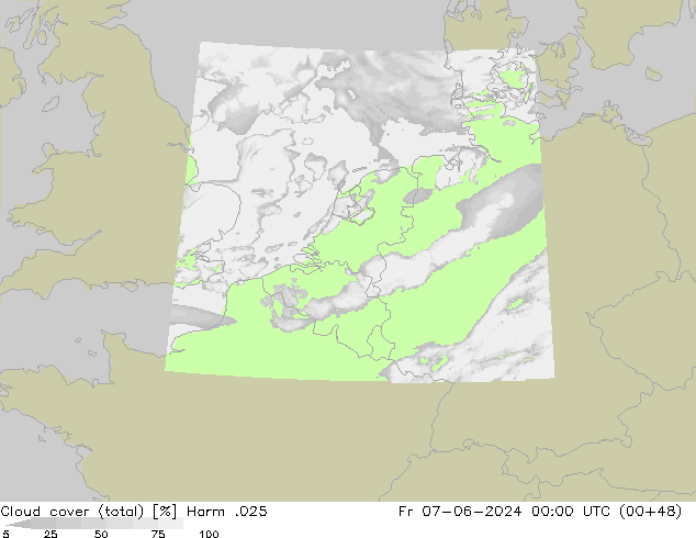 Cloud cover (total) Harm .025 Pá 07.06.2024 00 UTC