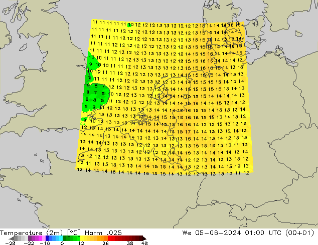 Temperature (2m) Harm .025 St 05.06.2024 01 UTC