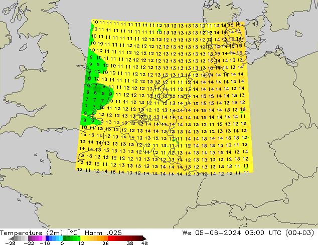 Temperaturkarte (2m) Harm .025 Mi 05.06.2024 03 UTC