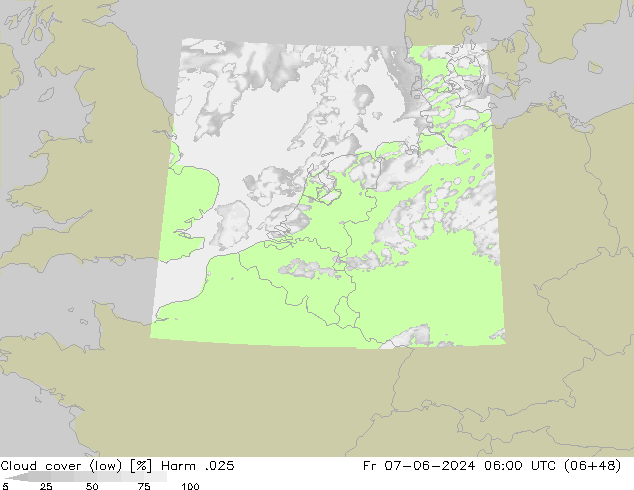 Cloud cover (low) Harm .025 Fr 07.06.2024 06 UTC