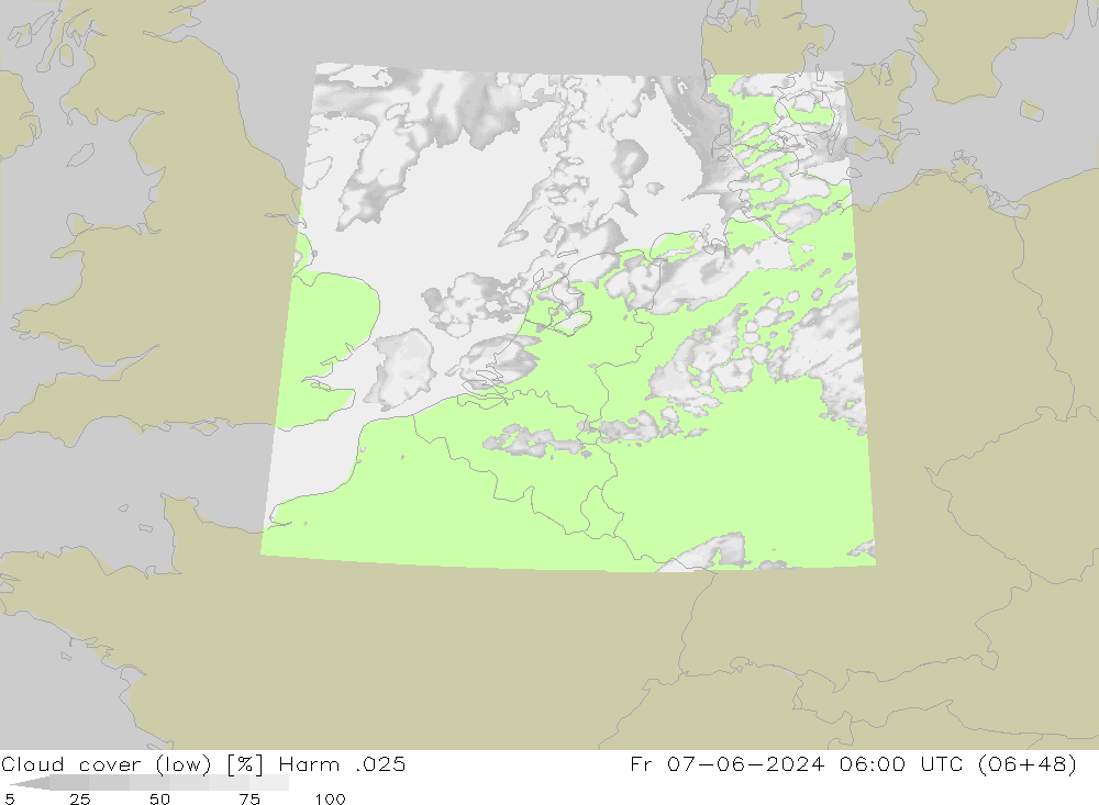 Cloud cover (low) Harm .025 Fr 07.06.2024 06 UTC