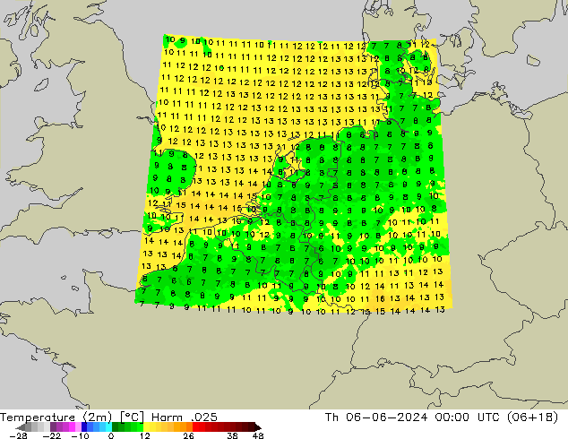 Temperatuurkaart (2m) Harm .025 do 06.06.2024 00 UTC