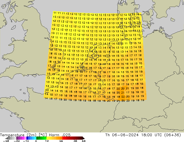 Temperature (2m) Harm .025 Čt 06.06.2024 18 UTC